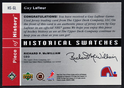 2002-03 UD Piece of History Historical Swatches  Lafleur Nordiques Jersey