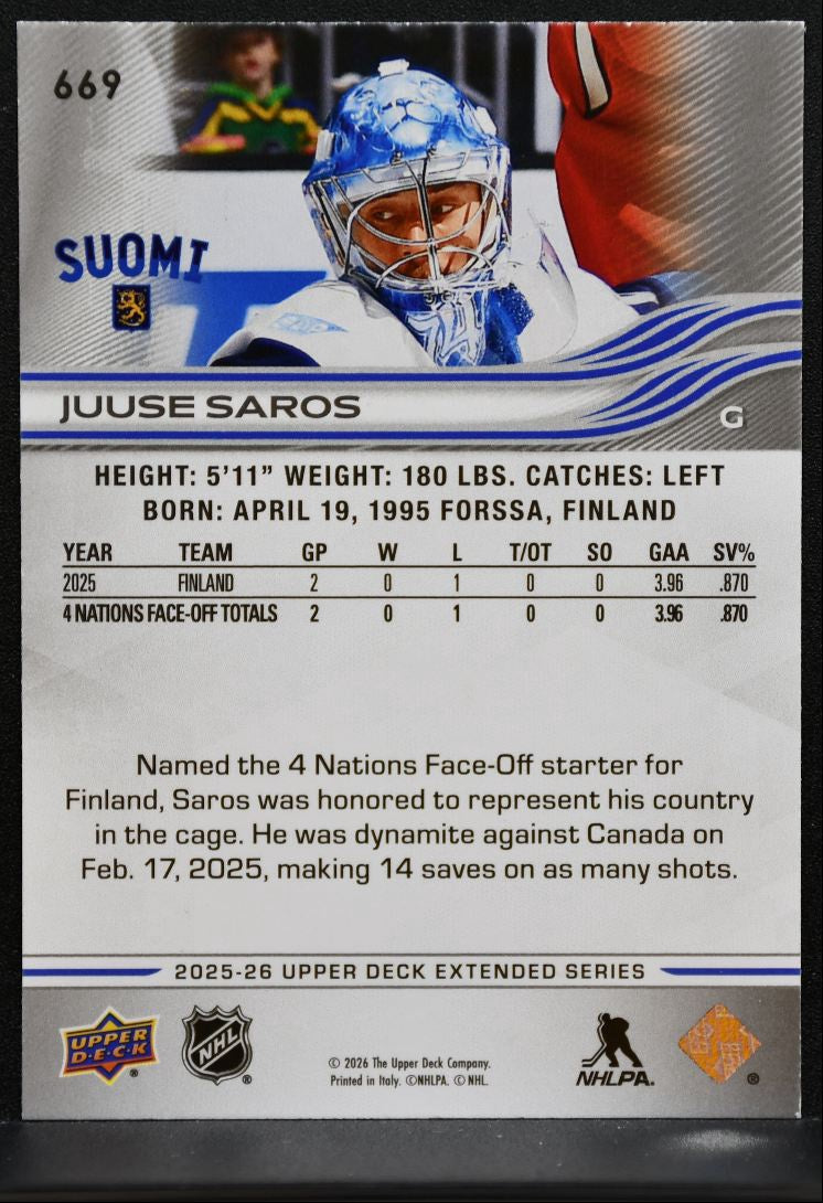 2025-26 Upper Deck Extended Series UD Exclusives Juuse Saros 077/100 1945