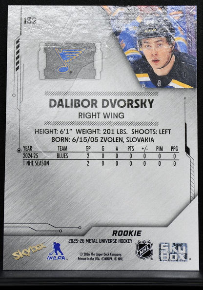 2025-26 SkyBox Metal Universe Rookie Dalibor Dvorsky 132 St. Louis Blues RC 0214