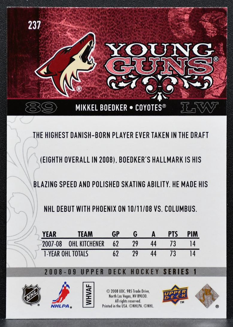 2008-09 Upper Deck Series 1 Young Guns Mikkel Boedker Phoenix Coyotes RC 7745