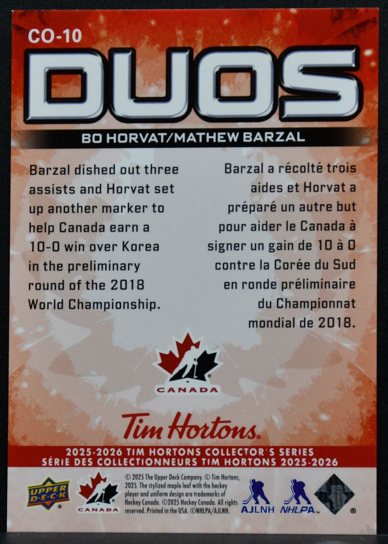 2025-26 Upper Deck Tim Hortons Duos Bo Horvat / Mathew Barzal CO-10 0053