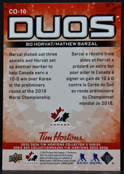 2025-26 Upper Deck Tim Hortons Duos Bo Horvat / Mathew Barzal CO-10 0053