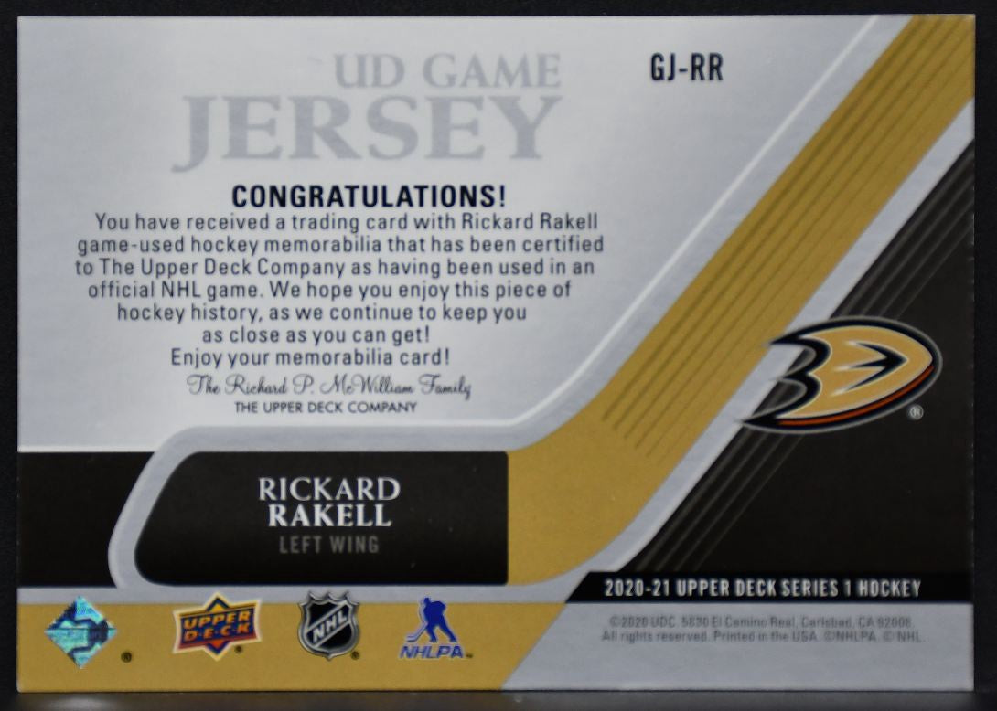 2020-21 UD Series 1 UD Game Jersey Rickard Rakell GJ-RR Anaheim Ducks Jersey 2951