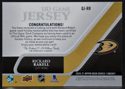 2020-21 UD Series 1 UD Game Jersey Rickard Rakell GJ-RR Anaheim Ducks Jersey 2951
