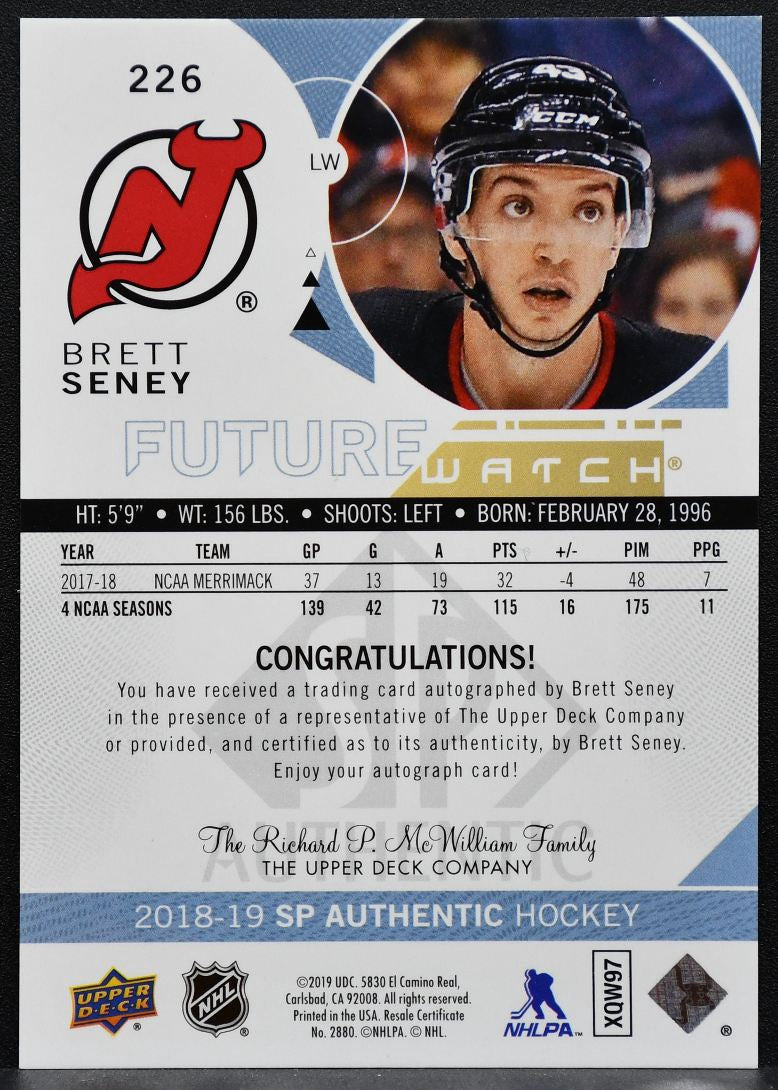 2018-19 SP Authentic Future Watch Auto Brett Seney Devils RC Auto 750/999 8160