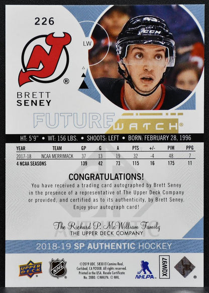 2018-19 SP Authentic Future Watch Auto Brett Seney Devils RC Auto 750/999 8160