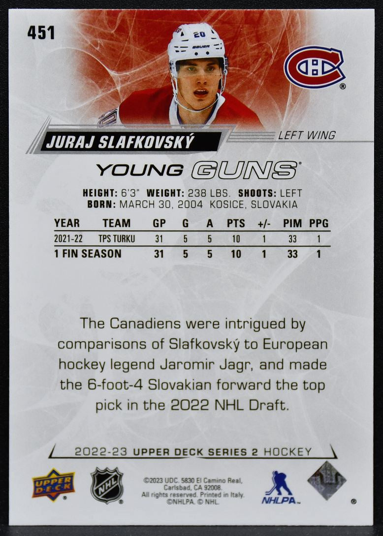 2022-23 Upper Deck Series 2 Young Guns Juraj Slafkovsky 451 Canadiens RC 5217