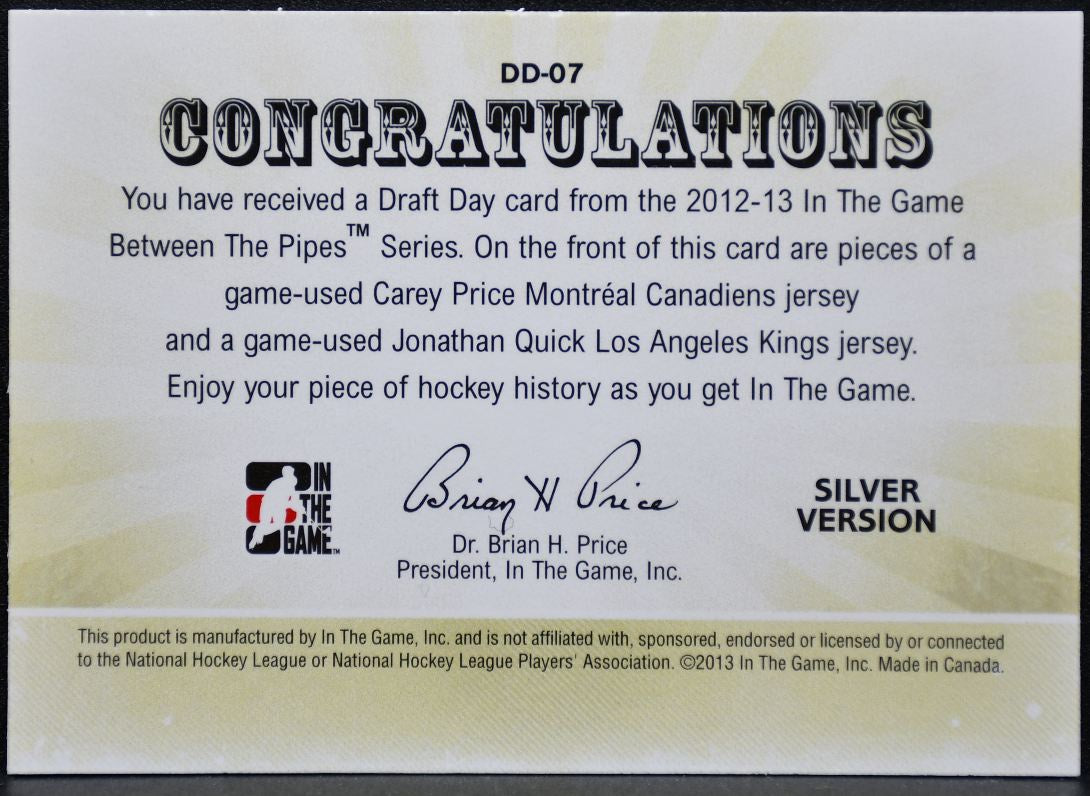 2012-13 ITG Between Pipes Draft Day Jerseys Silver Price/Quick Jersey 9140