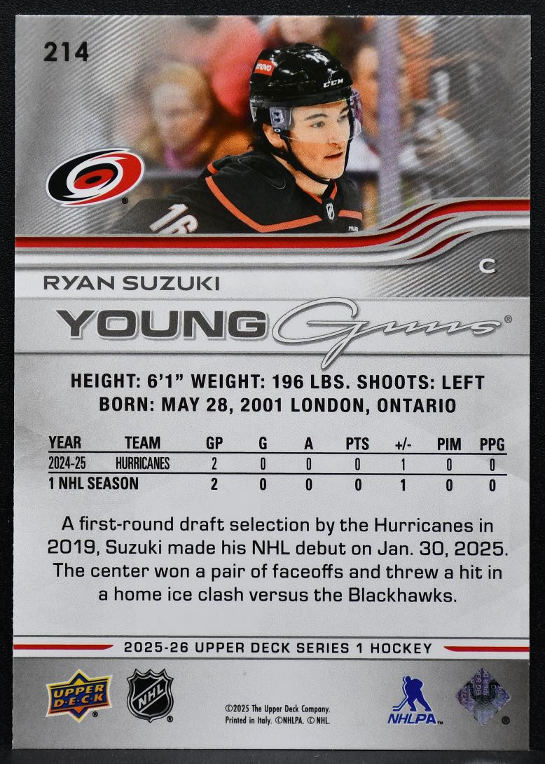 2025-26 Upper Deck Series 1 Young Guns Ryan Suzuki 214 Carolina Hurricanes RC 9638