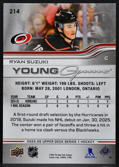 2025-26 Upper Deck Series 1 Young Guns Ryan Suzuki 214 Carolina Hurricanes RC 9638