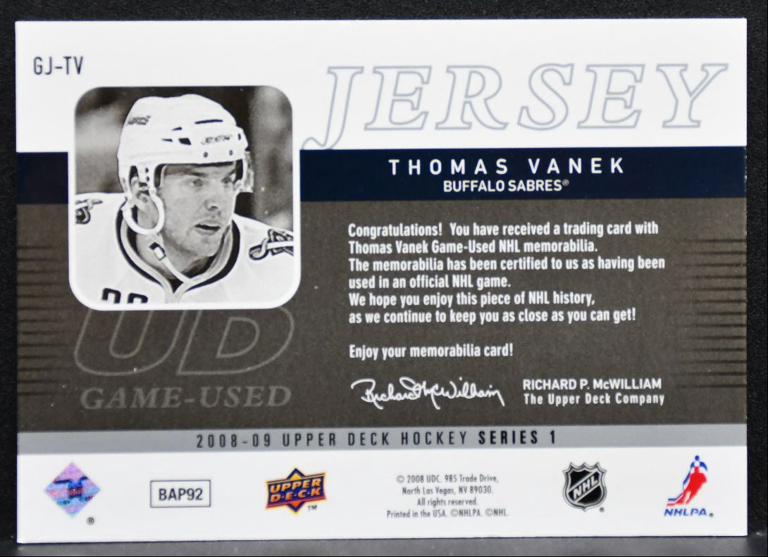 2008-09 Upper Deck Series 1 UD Game Jerseys Thomas Vanek Sabres Jersey 1557