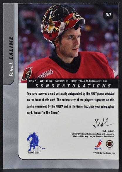 2000-01 Be a Player Auto Series Auto Gold Patrick Lalime 30 Senators Auto 9635