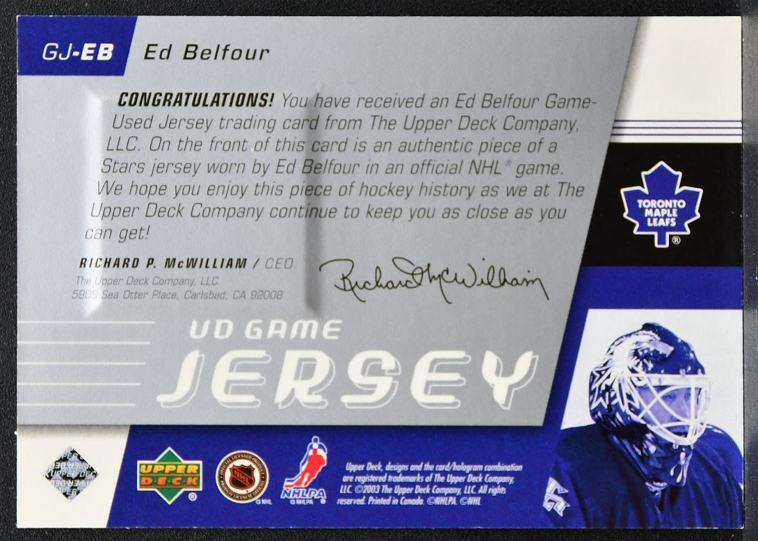2002-03 Upper Deck Series 2 UD Game Jerseys Ed Belfour Maple Leafs Jersey 1979