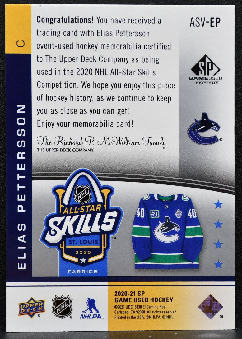 2020-21 SP Game Used 2020 NHL All-Star Skills Fabrics Pettersson Jersey 5284