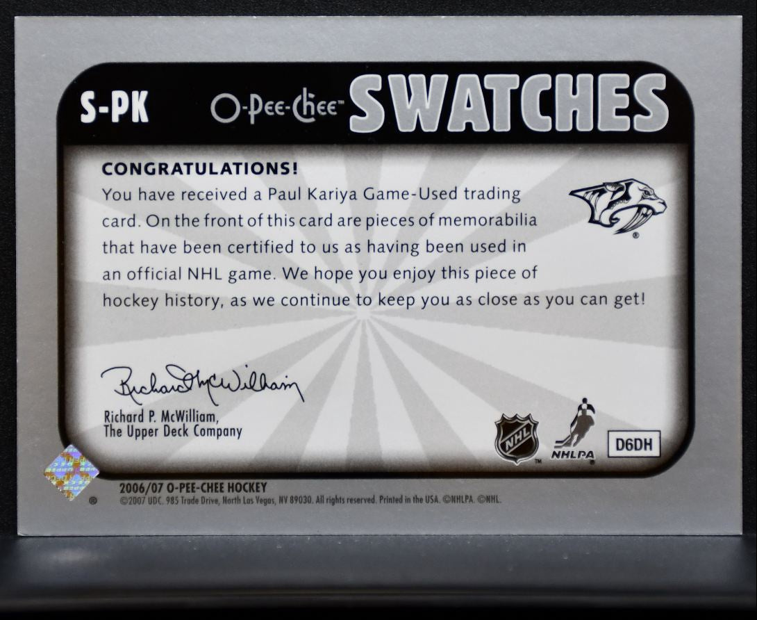 2006-07 O-Pee-Chee Swatches Paul Kariya S-PK Nashville Predators Jersey 6552