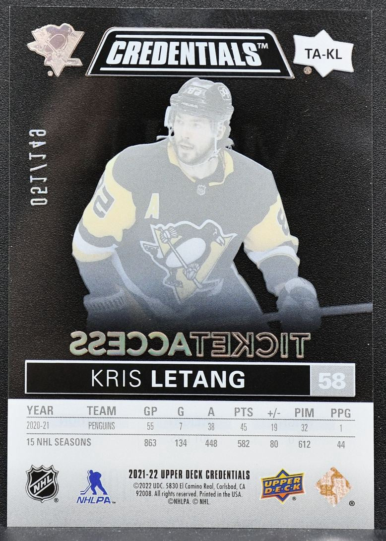 2021-22 UD Credentials Ticket Access Acetate Kris Letang TA-KL Penguins 051/149 8861