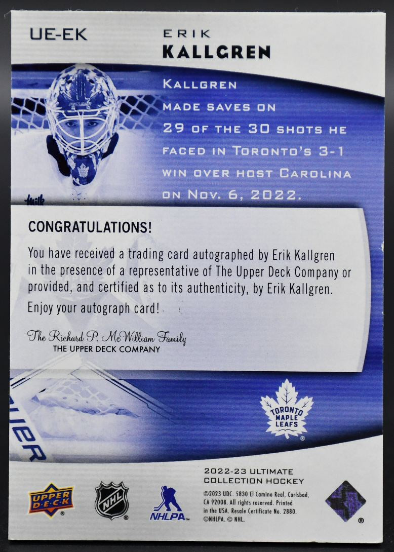2022-23 UD Ultimate Collection Erik Kallgren UE-EK Toronto Maple Leafs RC Auto