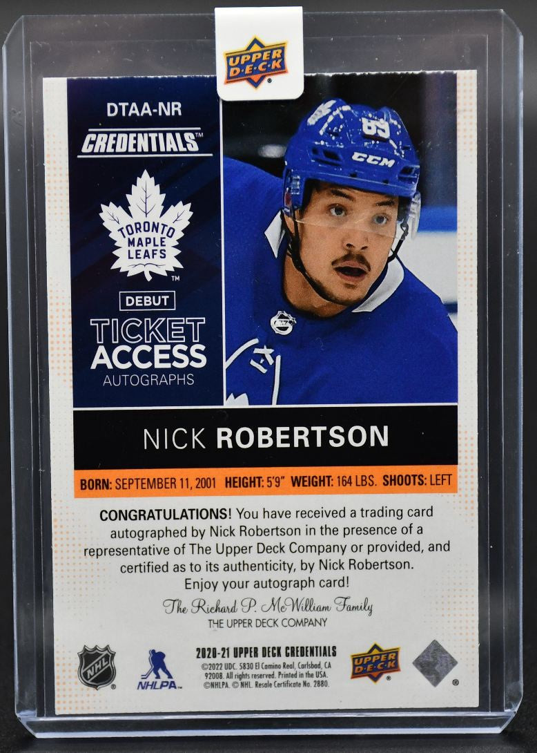 2020-21 UD Credentials Nick Robertson DTAA-NR Toronto Maple Leafs RC Auto 13/25
