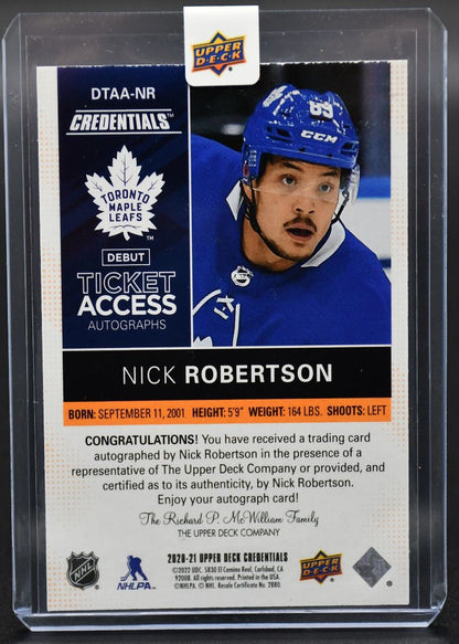 2020-21 UD Credentials Nick Robertson DTAA-NR Toronto Maple Leafs RC Auto 13/25
