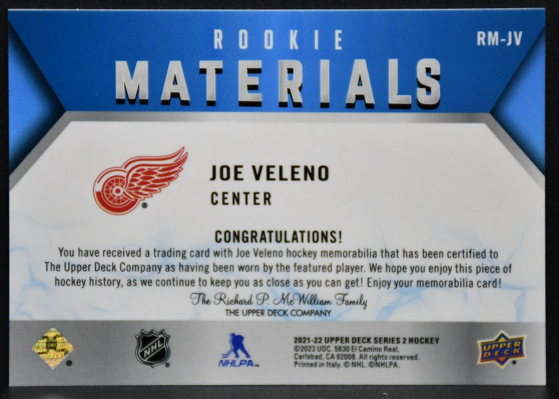 2021-22 UD Series 2 Rookie Materials Joe Veleno RM-JV Red Wings RC Jersey 7047