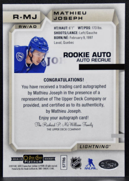 2018-19 O-Pee-Chee Platinum Rookie Auto Mathieu Joseph Lightning RC Auto 3036