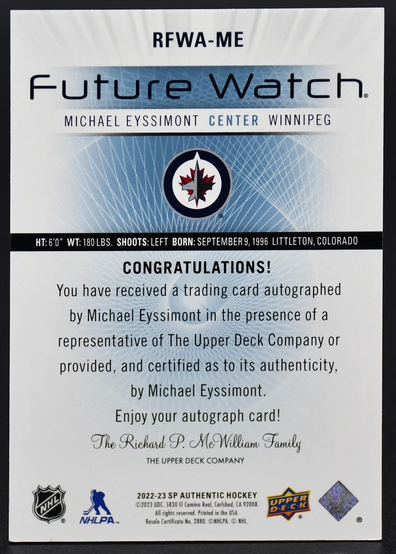 2022-23 SP Authentic Michael Eyssimont RFWA-ME Winnipeg Jets RC Auto 227/699