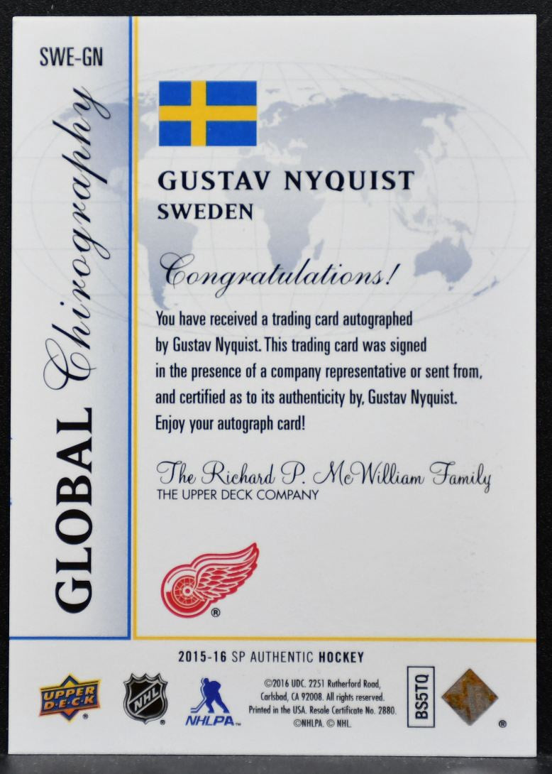 2015-16 SP Authentic Global Chirography Gustav Nyquist Red Wings Auto 6587