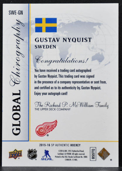 2015-16 SP Authentic Global Chirography Gustav Nyquist Red Wings Auto 6587