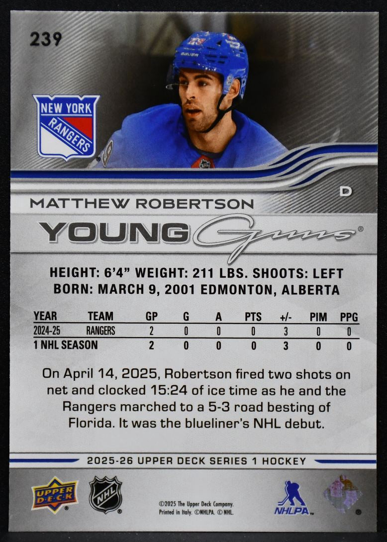 2025-26 UD Series 1 Young Guns Matthew Robertson 239 New York Rangers RC 017/100 6545