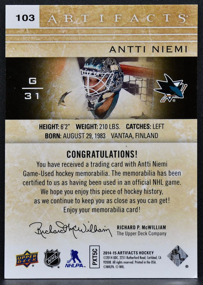 2014-15 UD Artifacts Patch / Gold Spectrum Antti Niemi 103 Sharks 11/15 Patch 2950