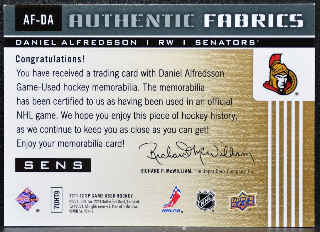 2011-12 SP Game Used Authentic Fabrics Daniel Alfredsson Senators Jersey 8150