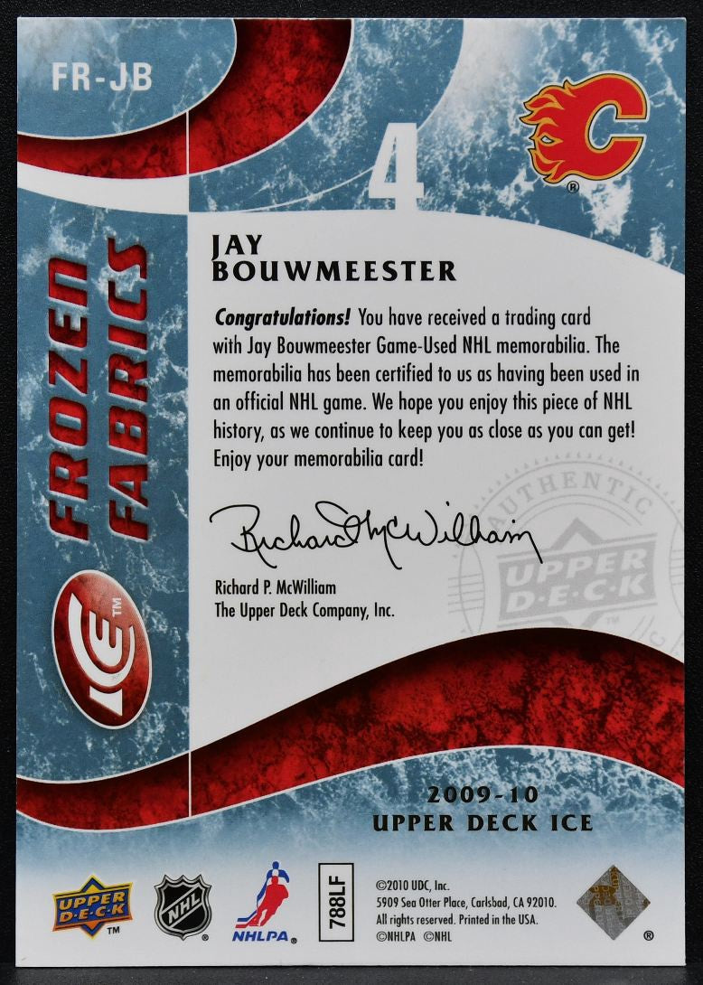 2009-10 Upper Deck Ice Frozen Fabrics Jay Bouwmeester FR-JB Flames Jersey 3558