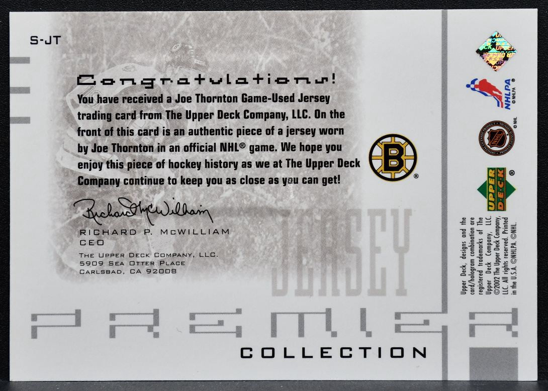 2001-02 UD Premier Collection Jersey Silver Joe Thornton Bruins /150 Jersey 4497