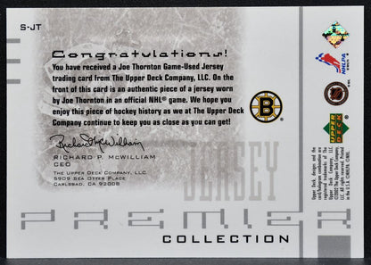 2001-02 UD Premier Collection Jersey Silver Joe Thornton Bruins /150 Jersey 4497