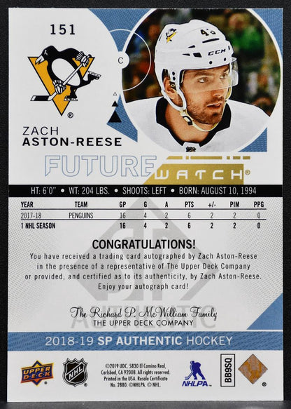 2018-19 SP Authentic Future Watch Auto Zach Aston-Reese RC Auto 343/999 1346