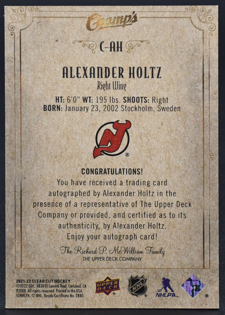 2022-23 UD Champ's Alexander Holtz RAF-AH New Jersey Devils Auto