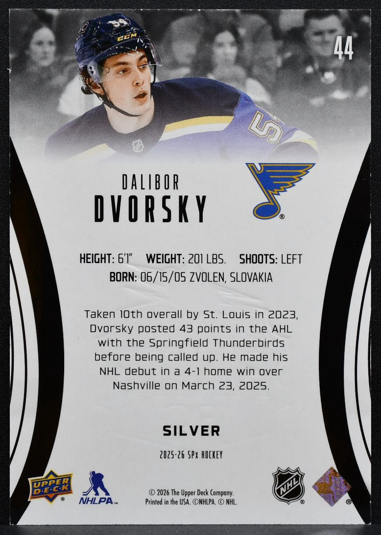 2025-26 SPx Finite Rookie Silver Dalibor Dvorsky 44 St. Louis Blues RC /399 9874
