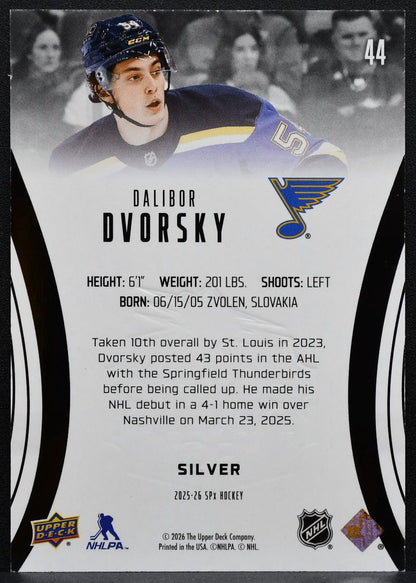 2025-26 SPx Finite Rookie Silver Dalibor Dvorsky 44 St. Louis Blues RC /399 9874