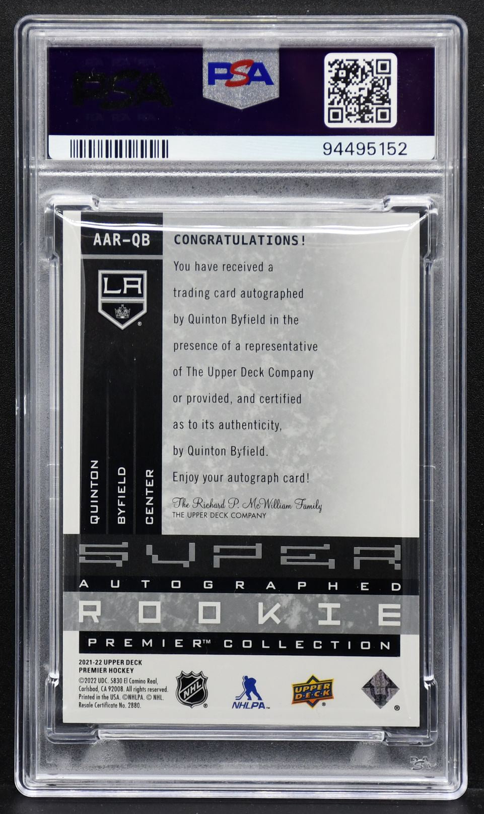 21-22 UD Premier 20th Anniversary Rookies Auto Quinton Byfield AAR-QB 35 PSA 10