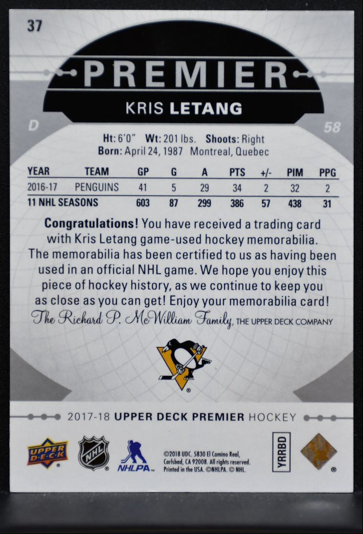 2017-18 Upper Deck Premier Base Jersey Kris Letang Jersey 6712