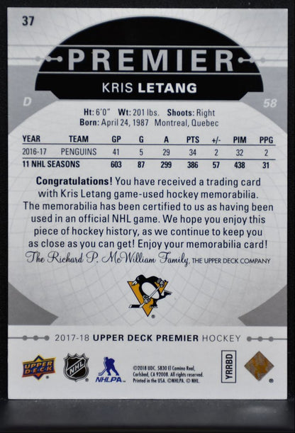 2017-18 Upper Deck Premier Base Jersey Kris Letang Jersey 6712