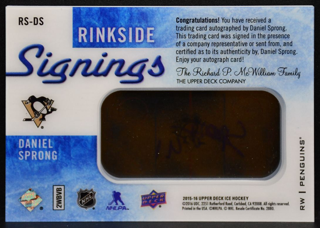 2015-16 Upper Deck Ice Rinkside Signings Daniel Sprong RS-DS Penguins Auto 7754