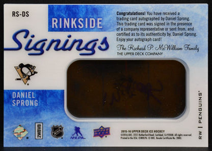2015-16 Upper Deck Ice Rinkside Signings Daniel Sprong RS-DS Penguins Auto 7754