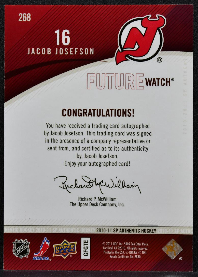 2010-11 SP Authentic Future Watch Auto Jacob Josefson Devils RC Auto 7286