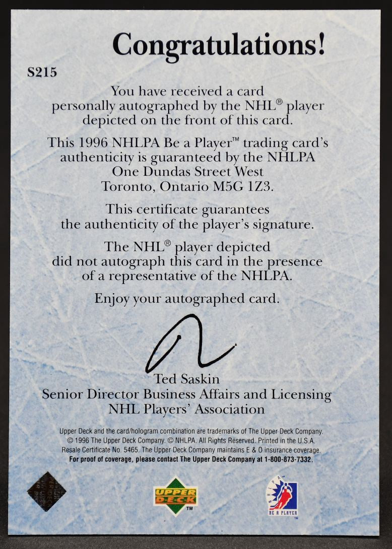 1995-96 UD Be a Player Ice Wars Auto Keith Tkachuk S215 Auto