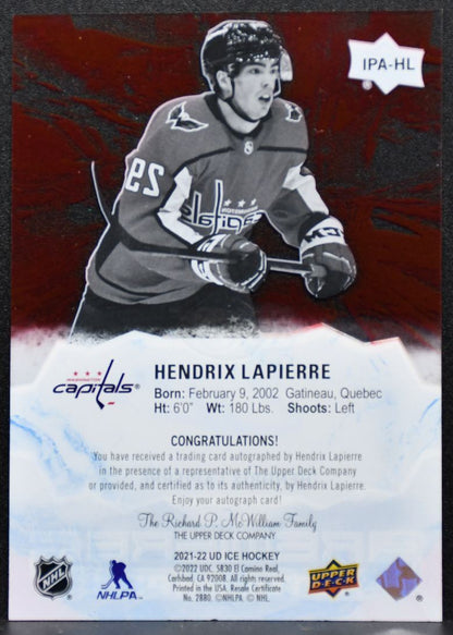 2021-22 UD Ice Premieres Auto Red Hendrix Lapierre Capitals RC Auto 157/199 2930