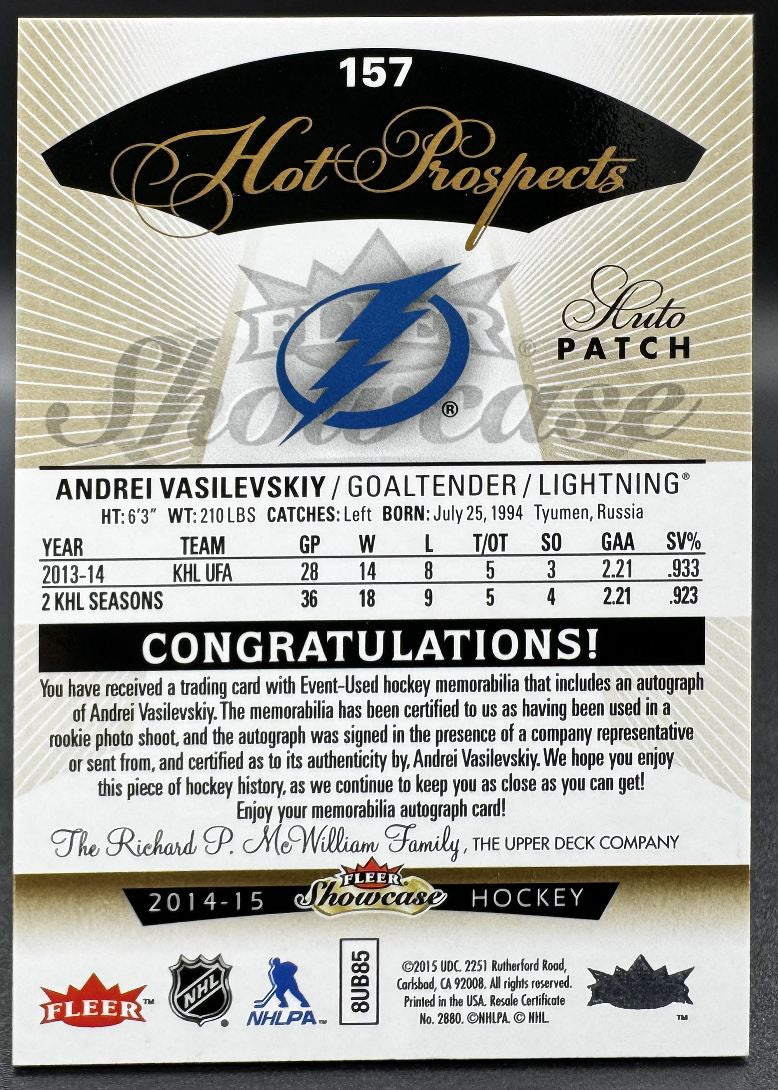 2014-15 Fleer Showcase Andrei Vasilevskiy Tampa Bay Lightning RC Auto /375 Patch