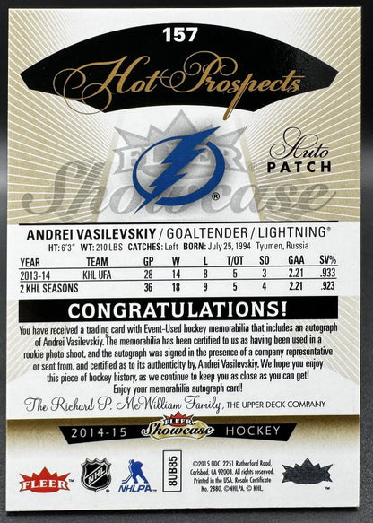 2014-15 Fleer Showcase Andrei Vasilevskiy Tampa Bay Lightning RC Auto /375 Patch