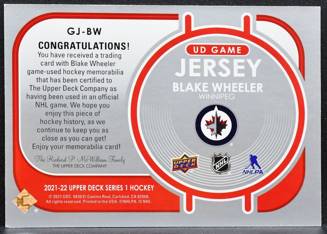 2021-22 Upper Deck Series 1 UD Game Jersey Blake Wheeler 198 Jets Jersey 1182