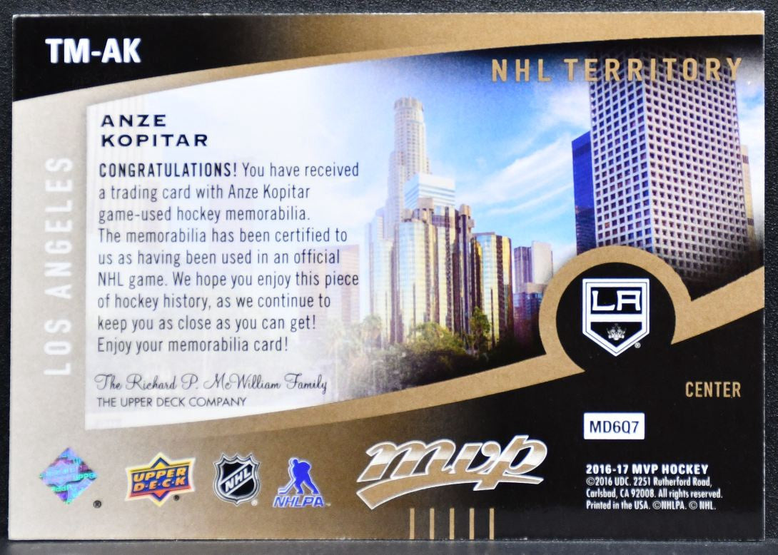 2016-17 Upper Deck MVP NHL Territory Material Anze Kopitar Kings Jersey 4569